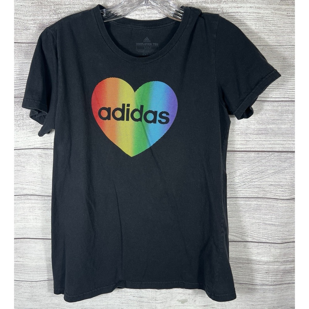 Adidas Rainbow Heart Graphic T Shirt Women's Medium Black Pride Tee
